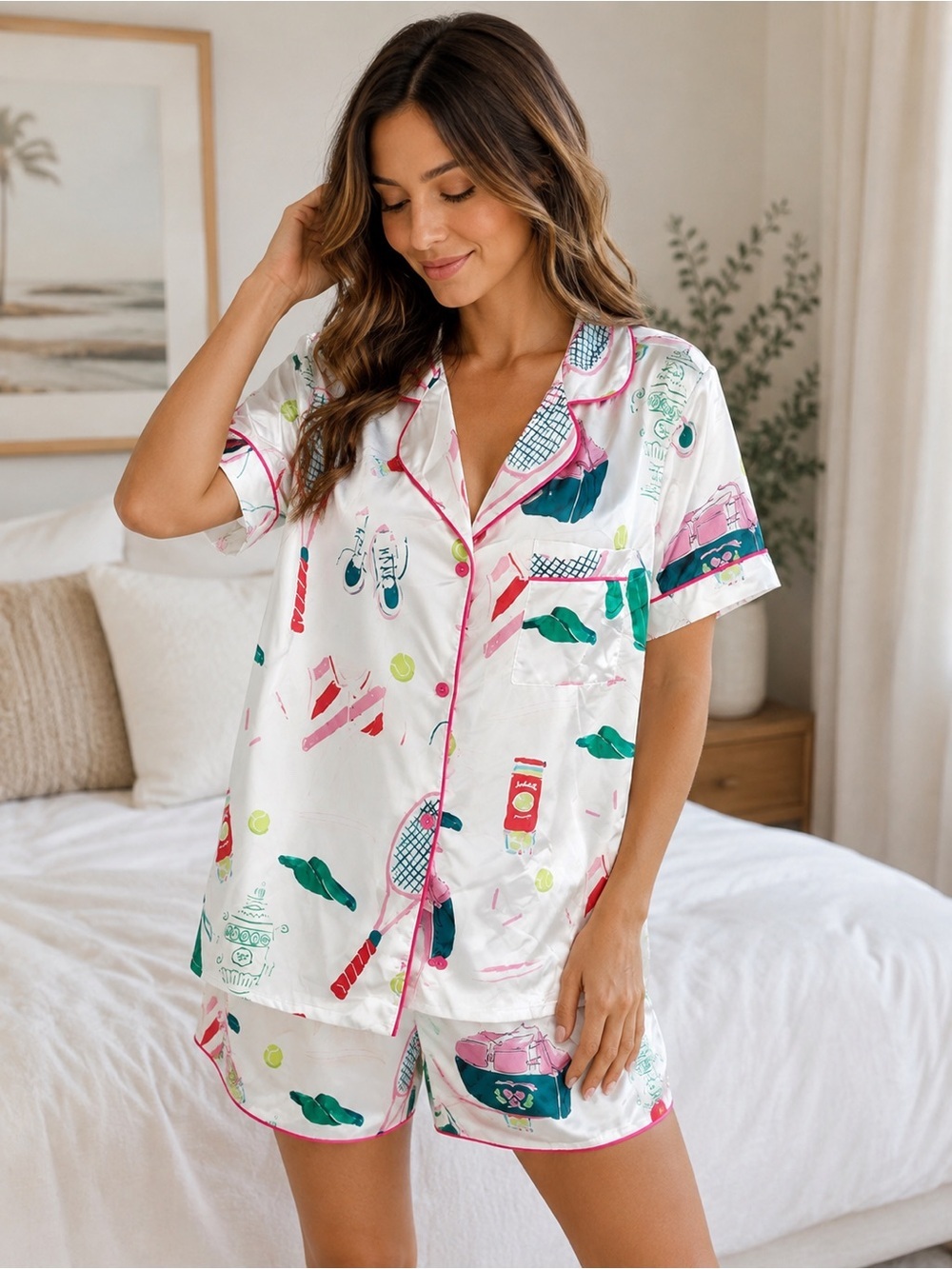 Sheshow Tennis Satin Pajama Set Small NWT Sport Print Silky Button Front Lounge